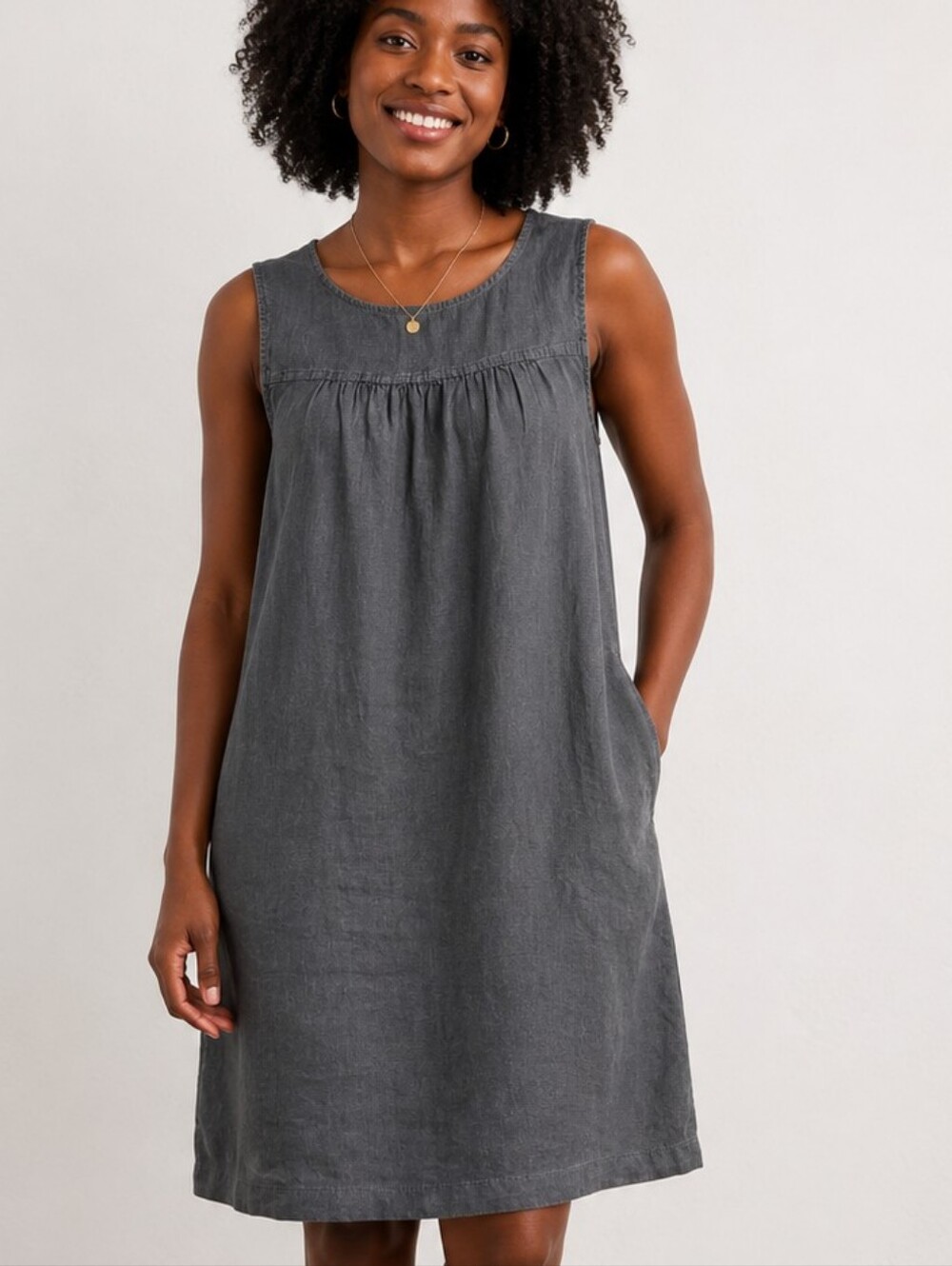 Artisan NY Linen Gray Shift Dress Pockets Sz M Boho Lagenlook Coastal Beach